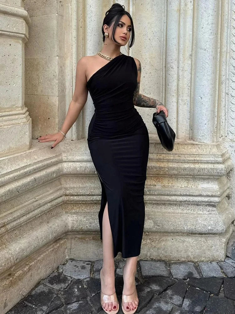 Elegant One-Shoulder Ruched Maxi Dress